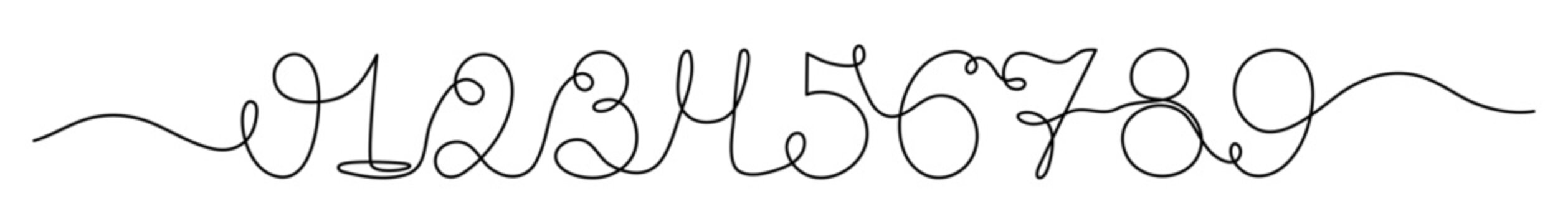 Numbers one two three four five six seven eight nine zero one line art, continuous drawing contour outline 1 2 3 4 5 6 7 8 9 0. Mathematical counting concept Editable stroke. Isolated. Vector