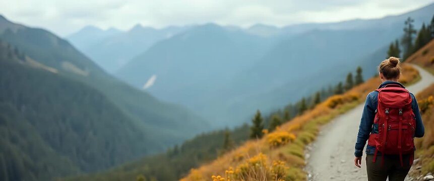 Adventurous woman hiking through scenic mountain landscape, studying a map, with a slow cinematic pan capturing majestic peaks and swaying trees, perfect for travel inspiration.