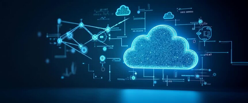 Futuristic digital cloud icon pulsates with dynamic data flow, as the camera slowly pans across a high-tech, cinematic landscape, showcasing innovation and connectivity.