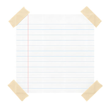 Blank lined notebook paper attached with tape corners isolated on transparent background