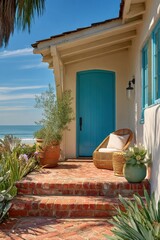 Sunny Coastal Home with a Bold Blue Front Door and Wicker Seating on Brick Porch