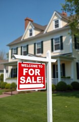 Red For Sale sign stands on green lawn before a yellow two-story house with white trim. A suburban home with manicured shrubs sits under a clear blue sky ready for new owners.