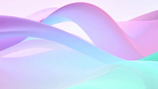 A mesmerizing video extract showing a continuous motion of abstract, silky waves. Pastel pink, purple, blue, and mint green translucent forms flow smoothly, creating a colorful, ethereal, and dynamic