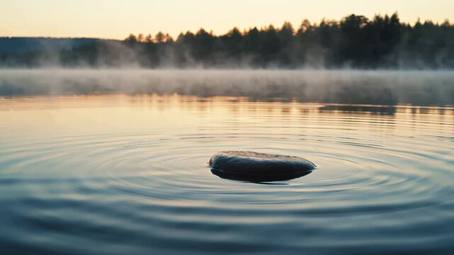 A flat stone creates expanding ripples on calm water at sunrise, evoking peaceful tranquility.