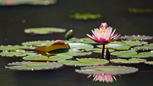 A beautiful pink water lily blooms serenely on a calm pond with lush green lily pads.