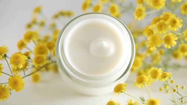 Closeup of a cosmetic cream in a glass jar surrounded by vibrant yellow chamomile flowers.