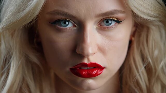 Intense closeup portrait of a beautiful blonde woman with striking blue eyes and bold red lipstick.