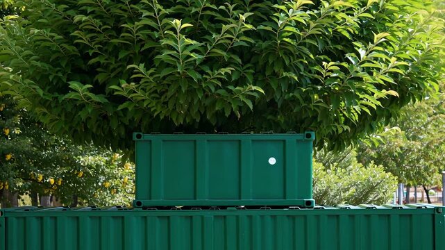 A green shipping container sits beneath lush, vibrant foliage on a bright, sunny day.