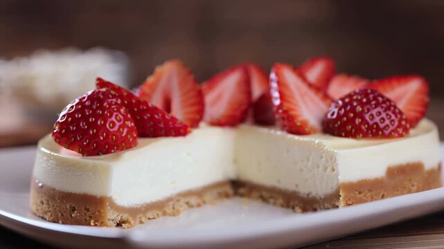 Delicious strawberry cheesecake slices presented on a white plate, a tempting dessert for any occasion.