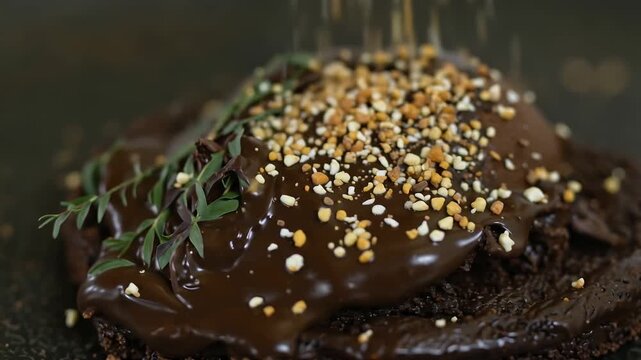 Delicious chocolate cake with dripping ganache and sprinkled nuts is beautifully presented for dessert.