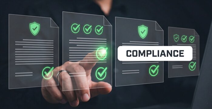 Compliance Regulatory Standards Verification Audit Document Digital technology interface showing a professional managing corporate governance and risk assessment with green checkmarks.