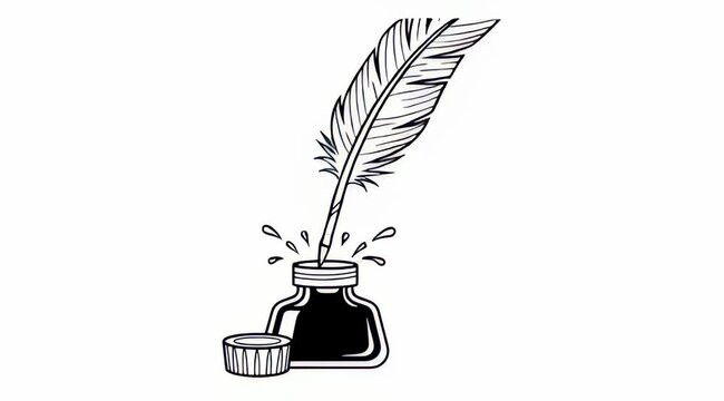 Vintage Quill Pen and Inkwell, Classic Literature Symbol, Traditional Writing and Poetry Concept, Flat Cartoon Illustration Style