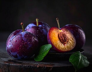 plums on a black background