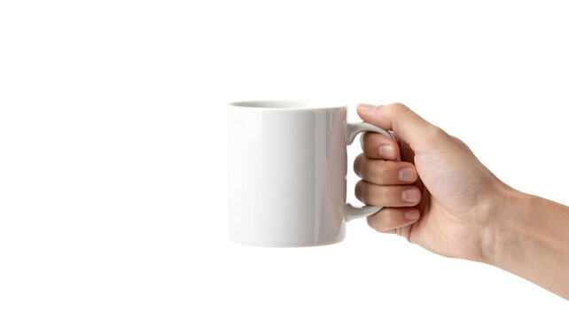 Hand holding white mug isolated on black background