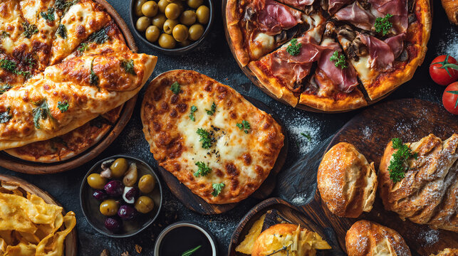 A variety of delicious pizzas and snacks on a dark tabletop setting