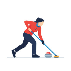 Fototapeta premium Woman curling on ice with a broom and stone in sporty attire 