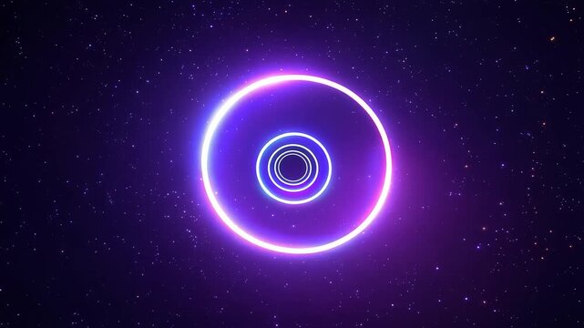 A hypnotic, seamless loop of neon concentric rings shifting colors from cyan to magenta, simulating fast travel through a dark, starry cosmic tunnel or wormhole.