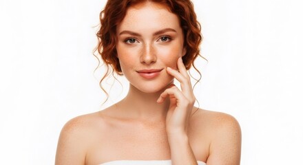 Naklejka premium Woman with red curly hair and freckles touching her face. Natural beauty and skincare concept. Studio portrait for dermatology advertisement.