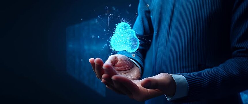 Business professional holds glowing digital cloud icon with data visualization backdrop; camera slowly pans across futuristic interface; cinematic technology innovation scene.
