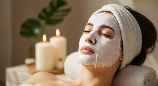 Woman relaxing in a spa with sheet face mask. Skincare and beauty treatment with candles and natural light for wellness and self care concept.
