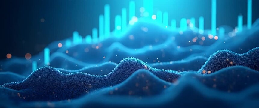 Abstract digital waves undulate gracefully as the camera pans slowly, with glowing particles drifting in a serene, cinematic style, evoking concepts of technology and innovation.