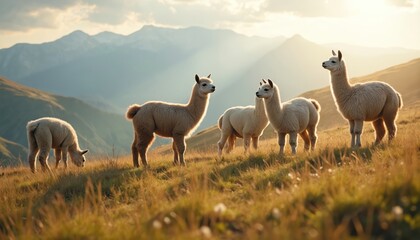 Fototapeta premium Fluffy alpacas graze on a grassy mountain slope at sunrise. Herd stands together in a peaceful landscape. Gentle animals with soft wool in natural habitat.