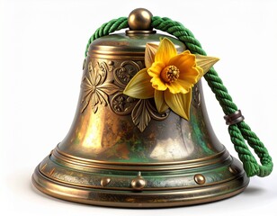 Antique Bronze Bell Adorned with a Yellow Daffodil and Green Rope.