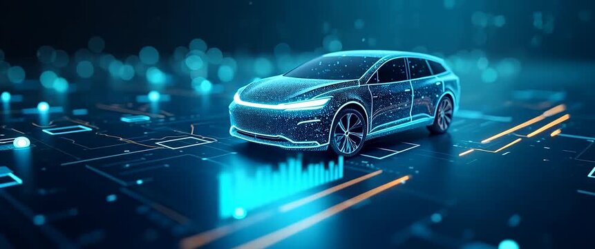 Futuristic electric car charges at a sleek city station as digital screens flicker, with a slow camera pan capturing ambient city lights and a cinematic, modern tech vibe.