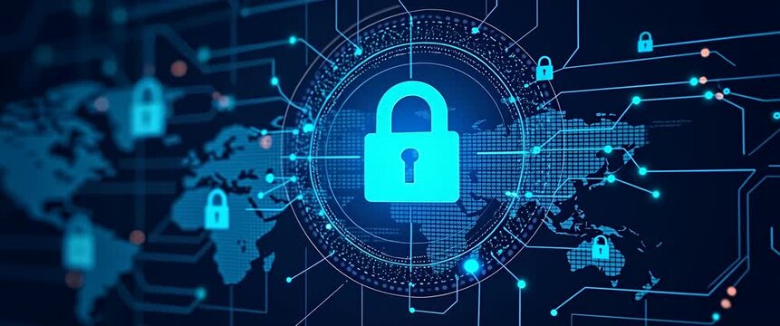 Digital cybersecurity lock icon rotates gently on a futuristic global network interface with a slow camera pan, creating a cinematic and secure technology atmosphere.