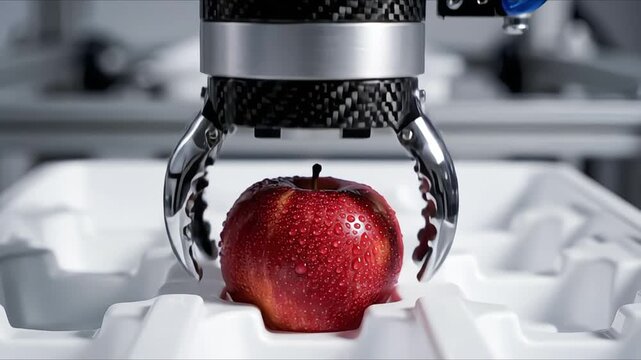 Robotic claw picking red apple from tray in a food processing plant