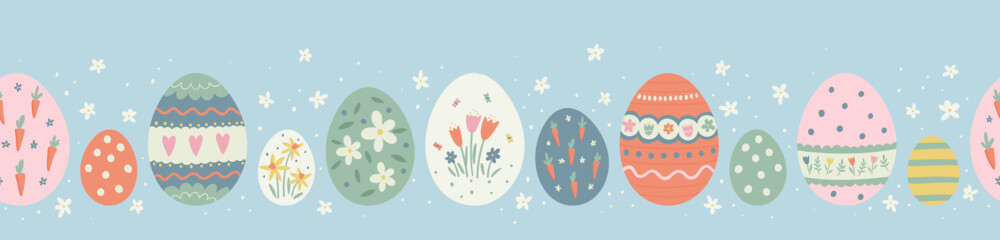 Obraz premium Cute hand drawn easter eggs horizontal seamless pattern, fun easter decoration, great for banners, wallpapers, cards - vector design
