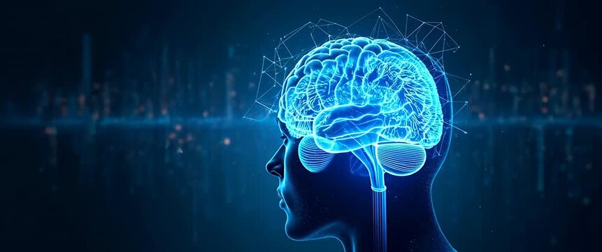 Futuristic digital brain pulses with blue neural connections as the camera gently pans across a high-tech, glowing network; cinematic style with ambient light flicker for technology-themed visuals.