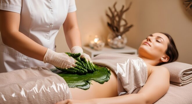 Woman enjoying a spa treatment with green algae body wrap. Cosmetologist applying detox mask on womans abdomen for wellness and beauty.