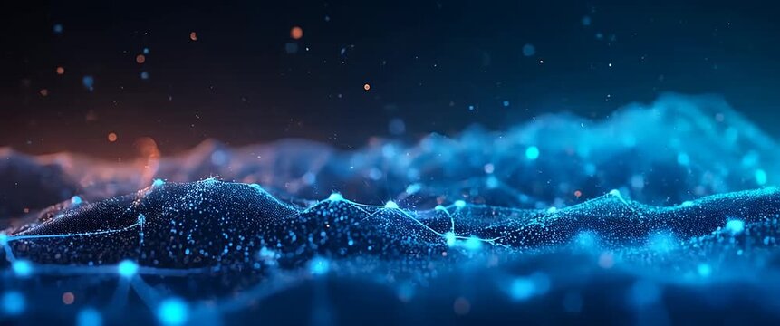 Gently undulating digital network waves sparkle with dynamic energy as the camera slowly pans, capturing the futuristic, cinematic essence of data flow and connectivity.