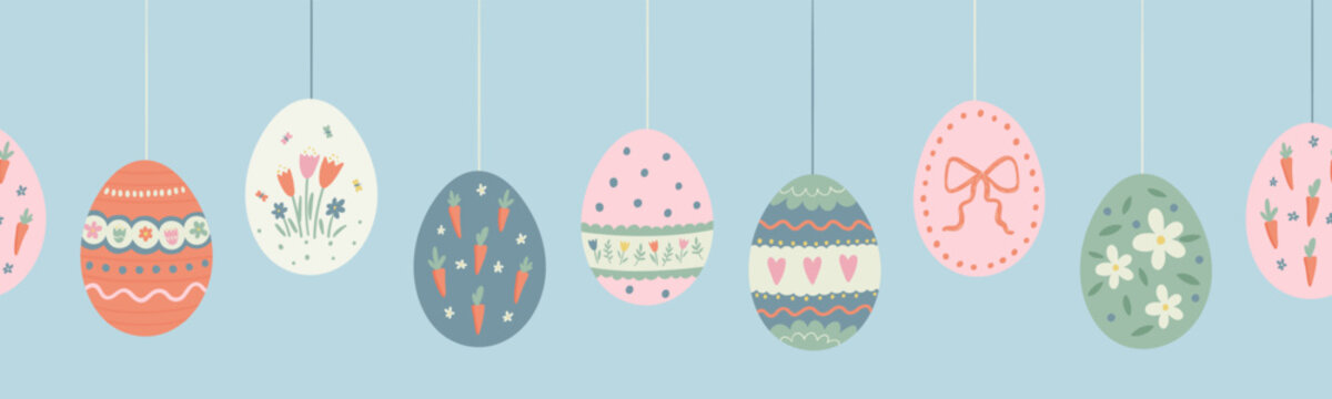  Cute hand drawn easter eggs horizontal seamless pattern, fun easter decoration, great for banners, wallpapers, cards - vector design