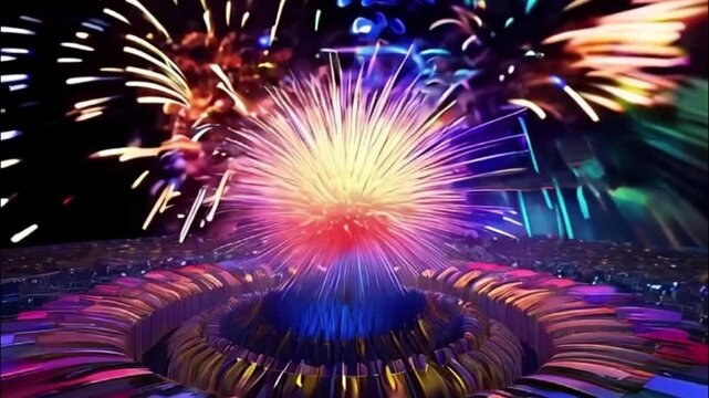 Festive brightly colorful fireworks on twilight background high in sky