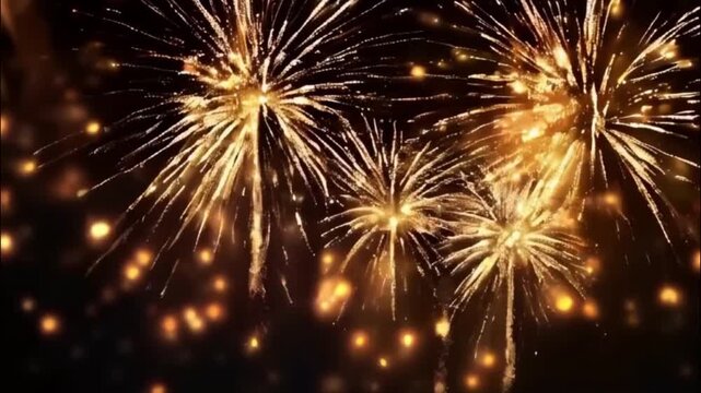 Festive brightly colorful fireworks on twilight background high in sky