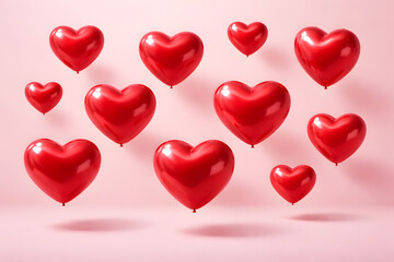 Surreal Valentine: Red Glossy Hearts in the Air.