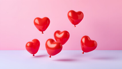 Surreal Valentine: Red Glossy Hearts in the Air.