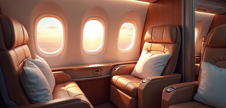 Luxury airplane cabin with empty first class seats. Wide windows show sunset sky over clouds. Plush brown leather chairs with white pillows provide comfortable travel experience. Peaceful journey