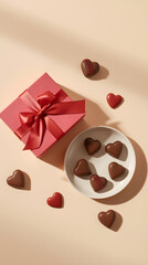Valentine's Day: Stylish Flat Lay with Pralines and a Golden Bow.