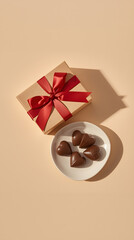 Valentine's Day: Stylish Flat Lay with Pralines and a Golden Bow.