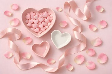 Valentine's Day: Soft Flat Lay with Candies and Ceramic Decor.