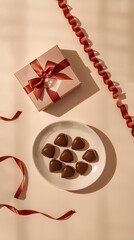 Valentine's Day: Stylish Flat Lay with Pralines and a Golden Bow.