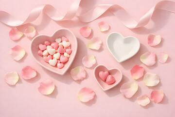 Valentine's Day: Soft Flat Lay with Candies and Ceramic Decor.