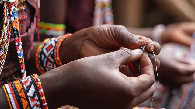 African Woman Hands Crafting Traditional Maasai Beadwork Jewelry