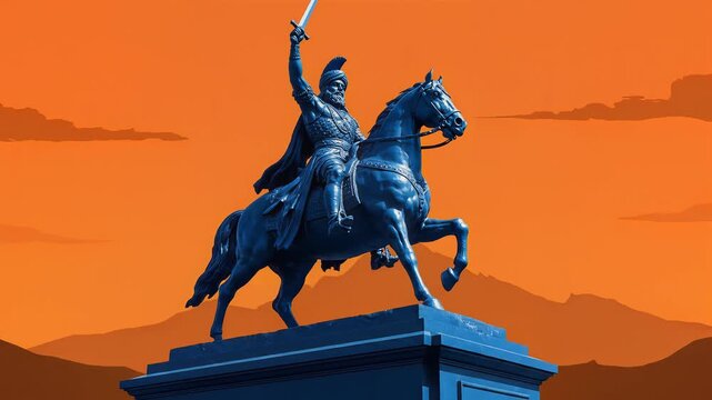 Chhatrapati Shivaji Maharaj Equestrian Statue Blue Orange Art