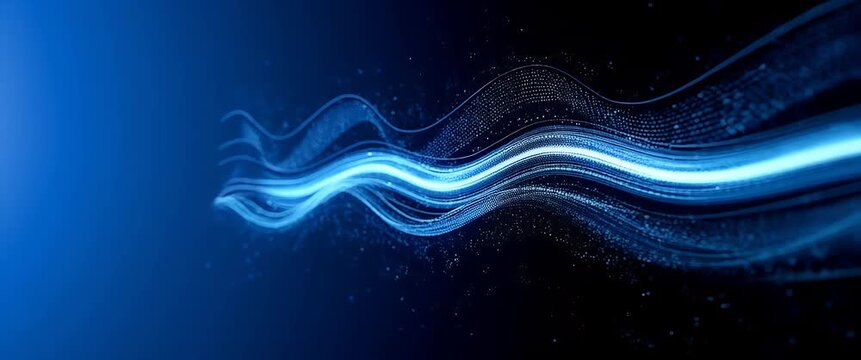 Abstract digital wave pattern flows gracefully as the camera slowly pans, with sparkling particles creating a dynamic, futuristic ambiance in a cinematic, tech-inspired style.
