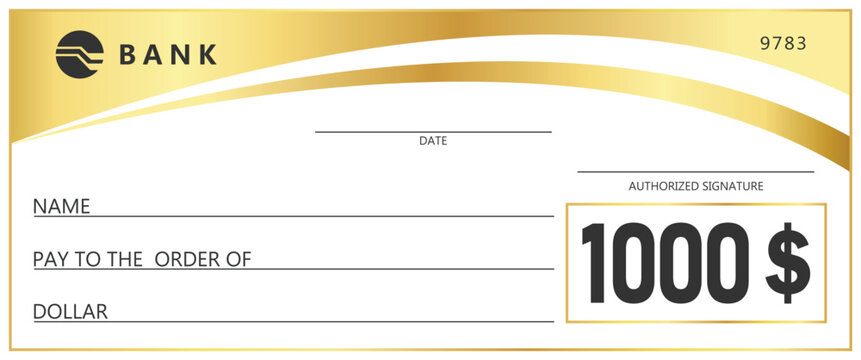 Golden check template. Blank banking check for payment, donation, or prize. Elegant gold wave design on white background. Financial business concept for gift or reward.