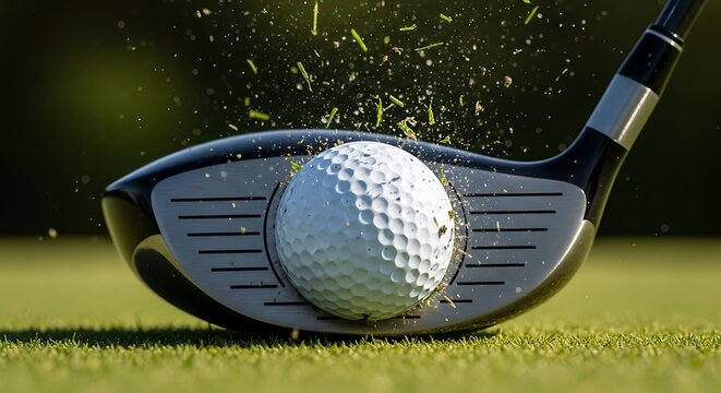 Extreme Close-Up of Golf Driver Striking Ball with High Speed Impact and Grass Particles (3)